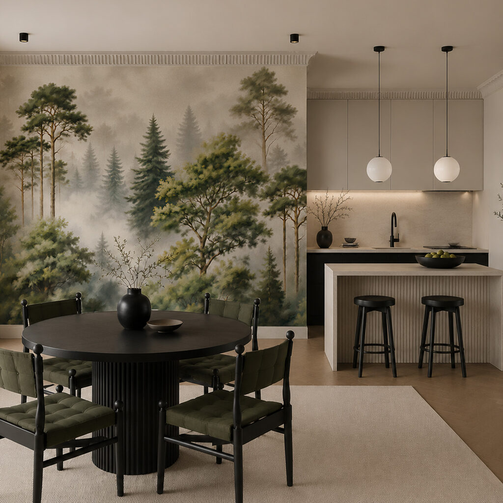Nebelverhangener Wald mit Bäumen Nebelverhangener Wald mit Bäumen