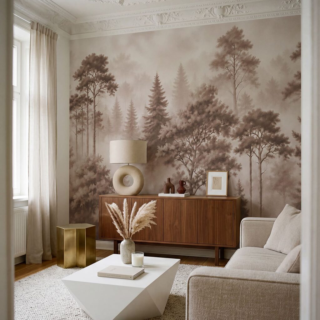 Nebelverhangener Wald mit Bäumen Nebelverhangener Wald mit Bäumen