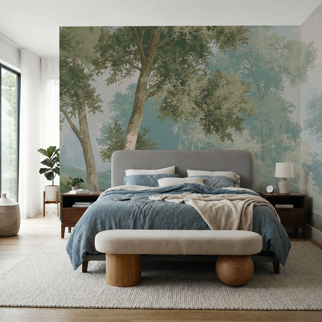 Aquarellbild mit Bäumen und einem Fluss Aquarellbild mit Bäumen und einem Fluss