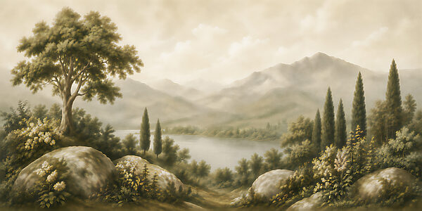 Painting of a lake and mountains Painting of a lake and mountains