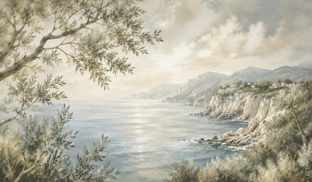 Painting of a body of water and a tree Painting of a body of water and a tree