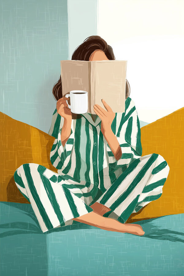 Woman sitting on a bed with a book and a mug
