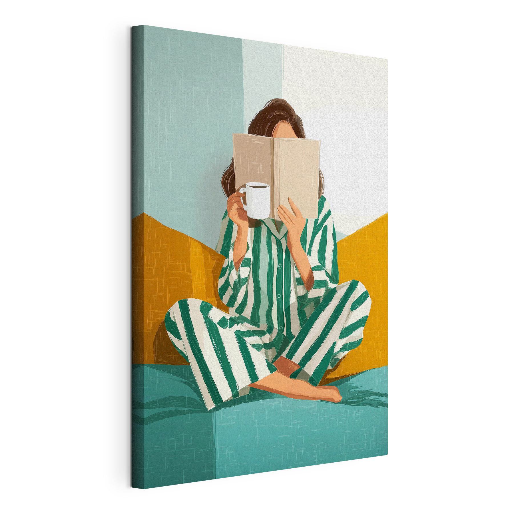 Woman sitting on a bed with a book and a mug