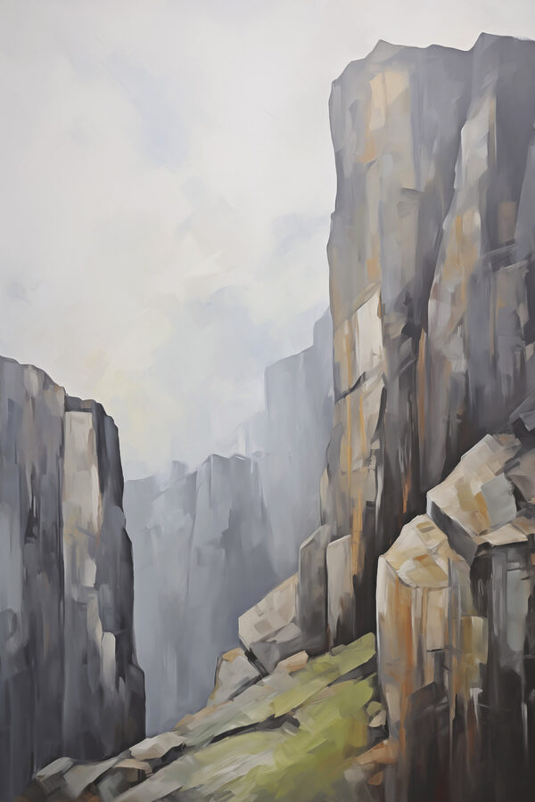 Painting of a rocky canyon