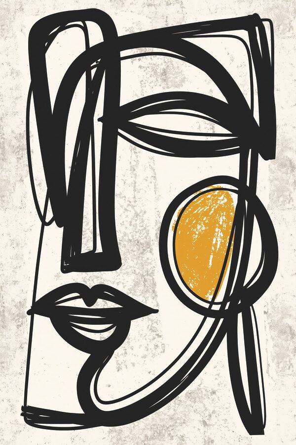 Black and yellow drawing of a face