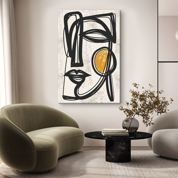 Black and yellow drawing of a face