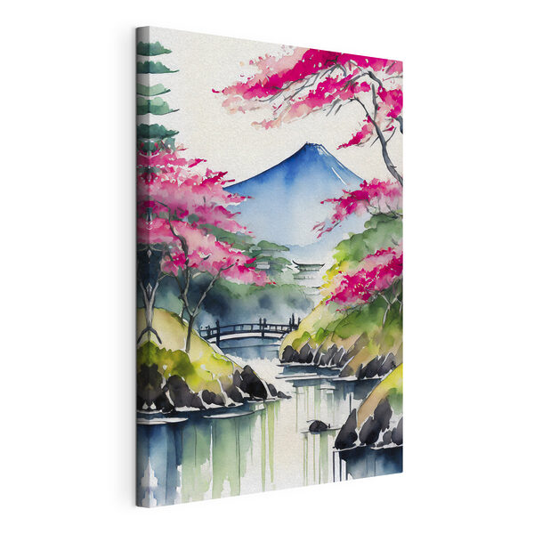 Wandbilder Aquarellmalerei eines Berges und Bäume mit rosa Blumen