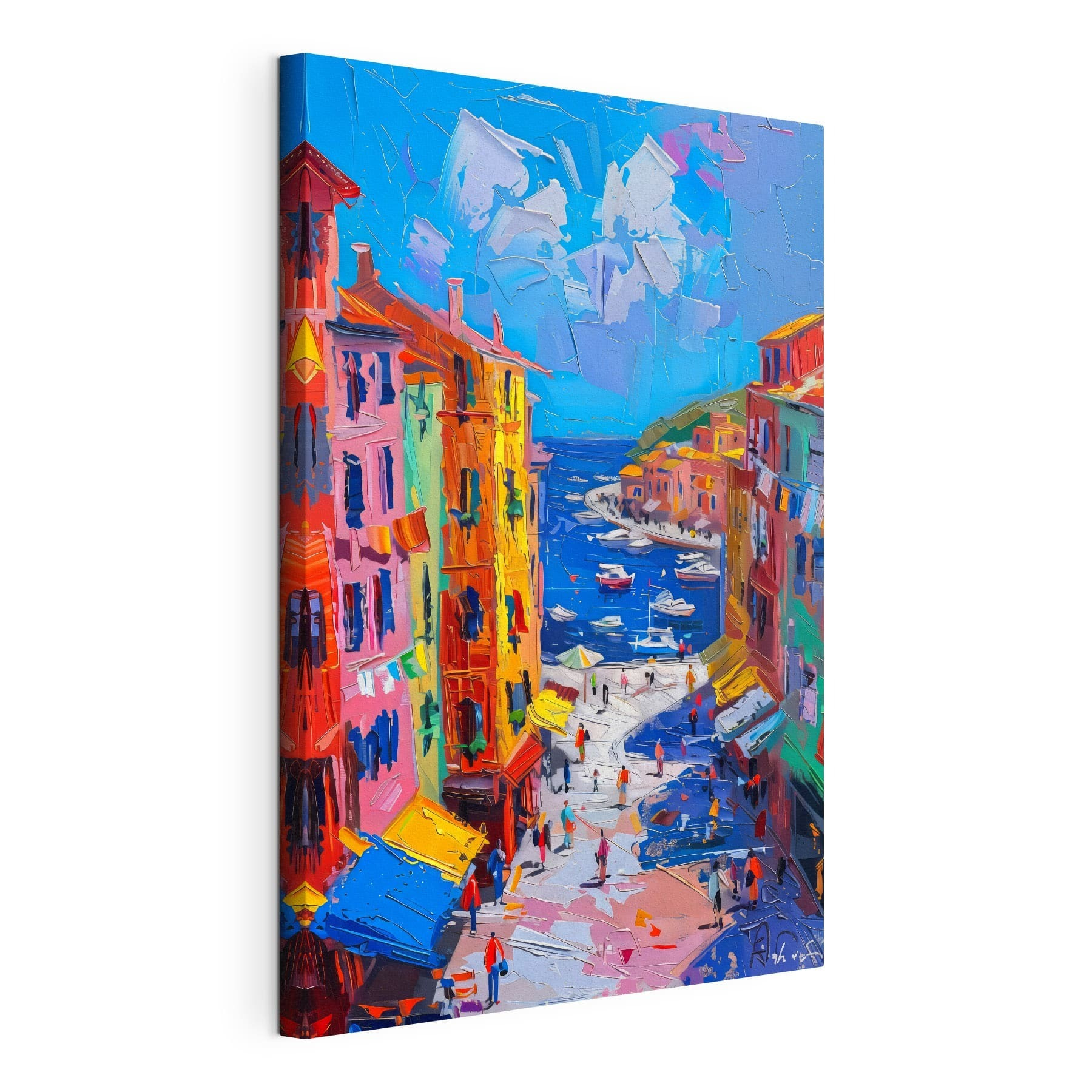 Painting of a city with boats and people