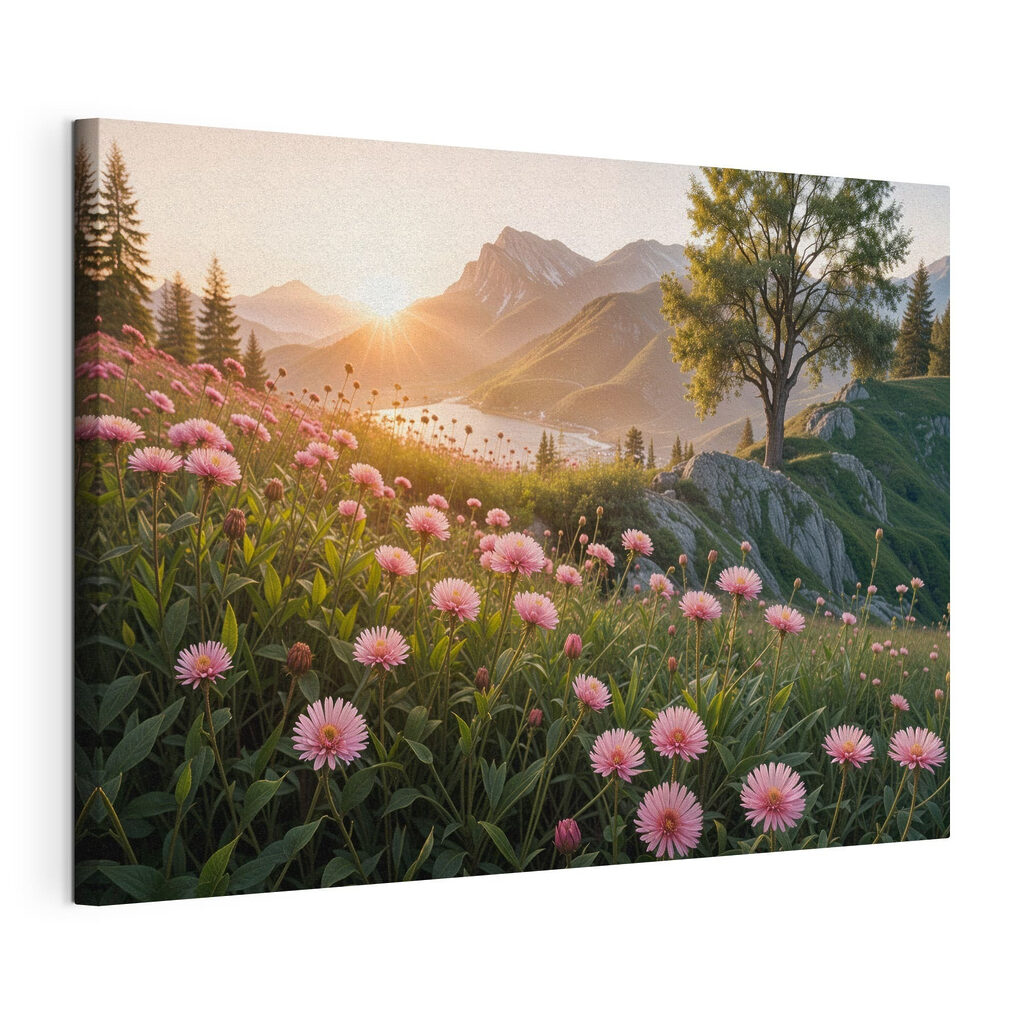 Field of pink flowers with a tree and mountains in the background Field of pink flowers with a tree and mountains in the background