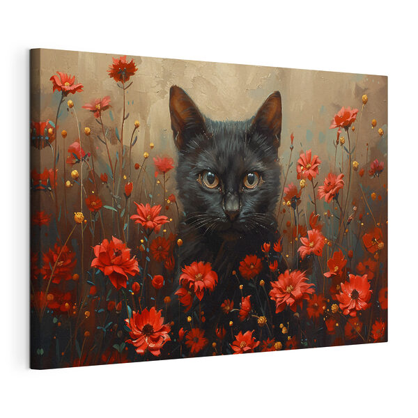 Schwarze Katze in einem Feld mit roten Blumen Wandbilder Schwarze Katze in einem Feld mit roten Blumen