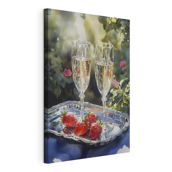 Zwei Gläser Champagner und Erdbeeren auf einem Tablett Wandbilder Zwei Gläser Champagner und Erdbeeren auf einem Tablett