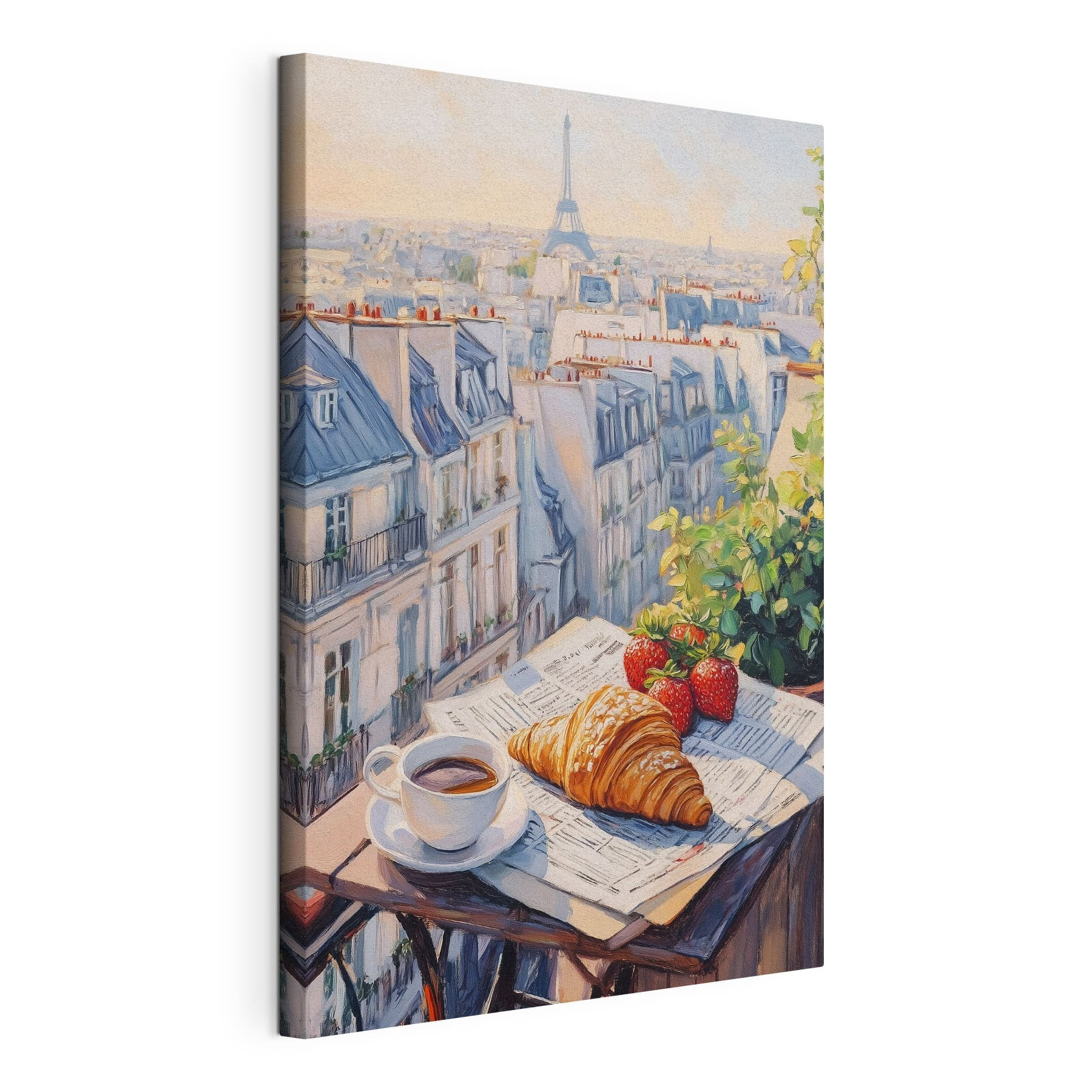 Breakfast on a table with a cup of coffee and strawberries