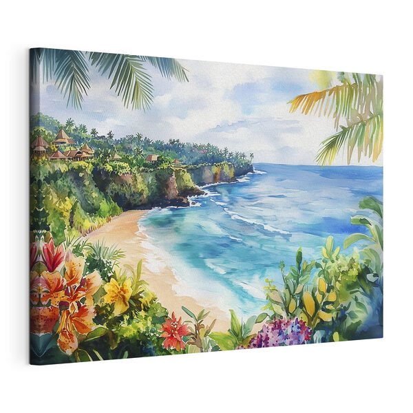 Watercolor painting of a beach and ocean