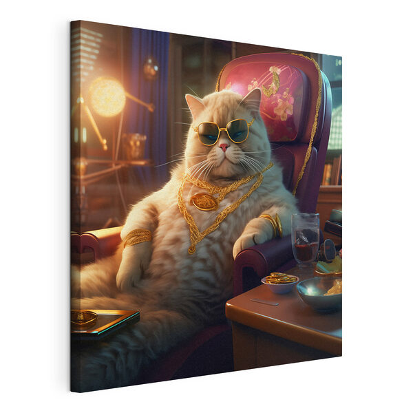 Wandbilder Katze mit Sonnenbrille und Halskette sitzt auf einem Stuhl