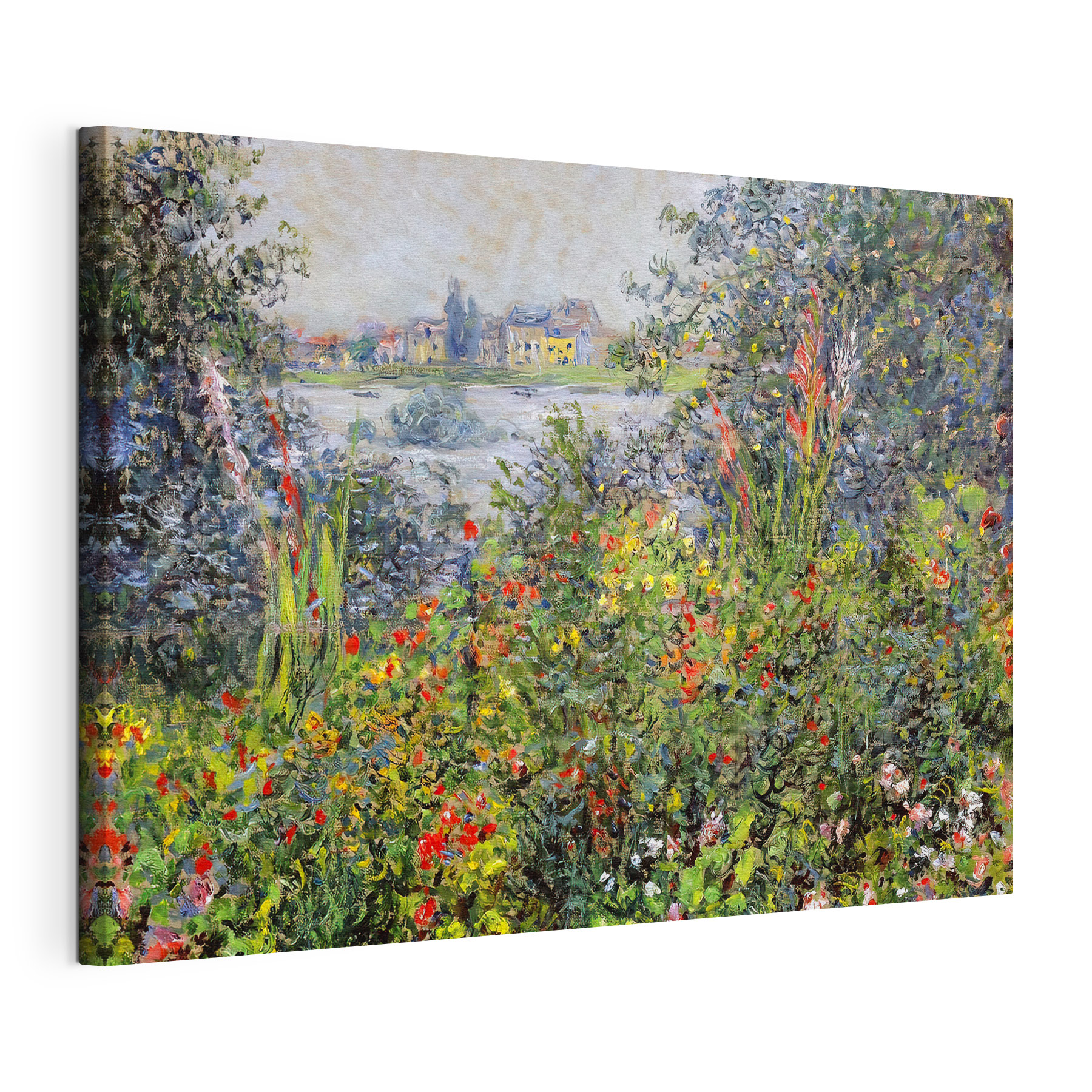 A painting of a garden with flowers and trees