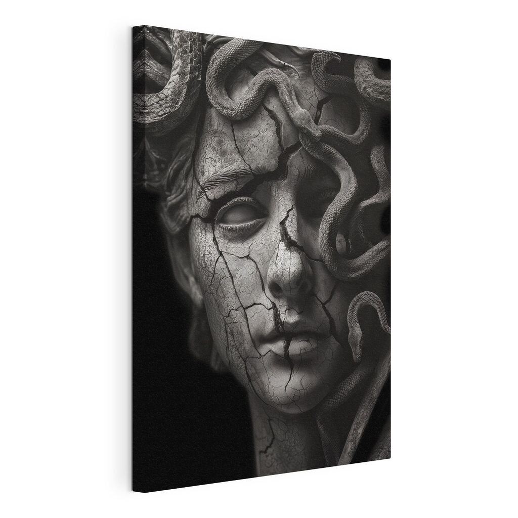 A statue of a woman with a cracked face and snakes around her face A statue of a woman with a cracked face and snakes around her face