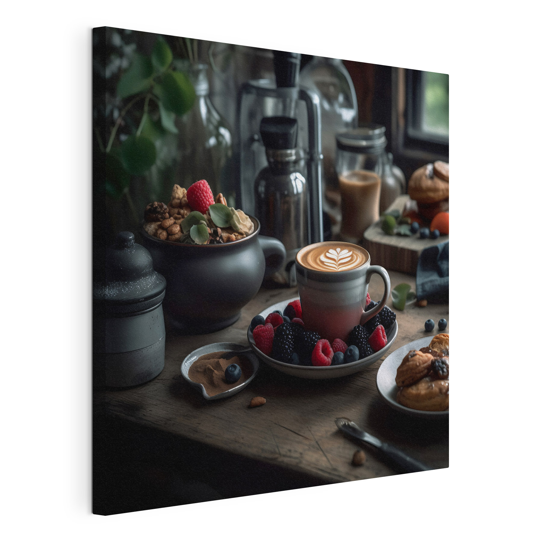 Cup of coffee with a latte art on a plate with fruit and cereals