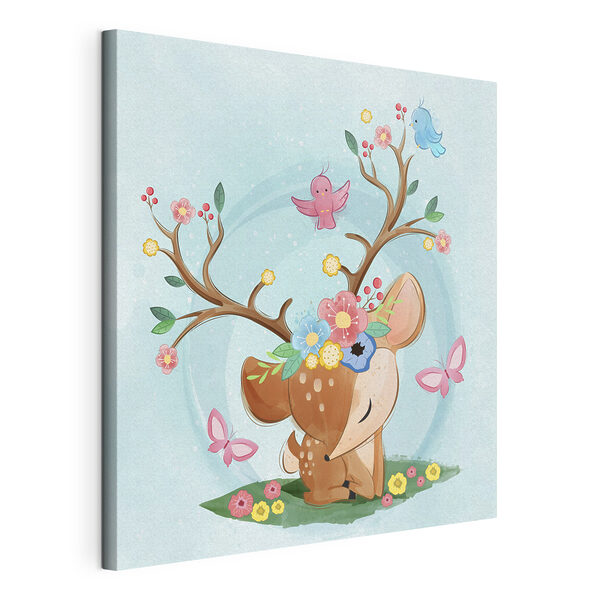 Wandbilder Ein Cartoon-Hirsch mit Blumen und Vögeln