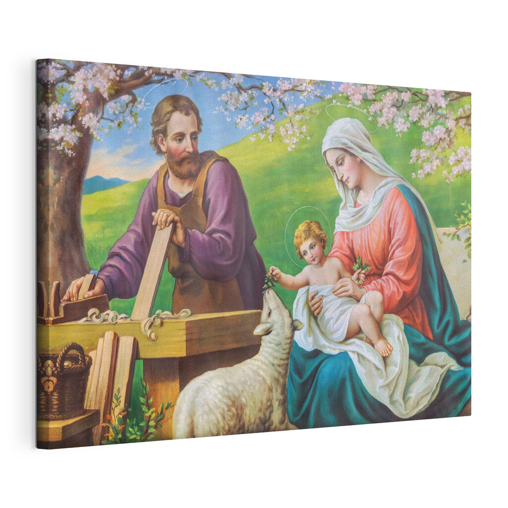 Painting of a man and woman holding a baby