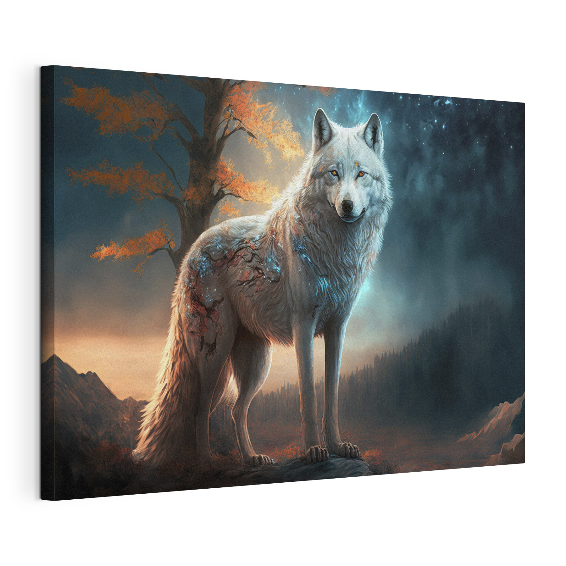A white wolf standing on a rock