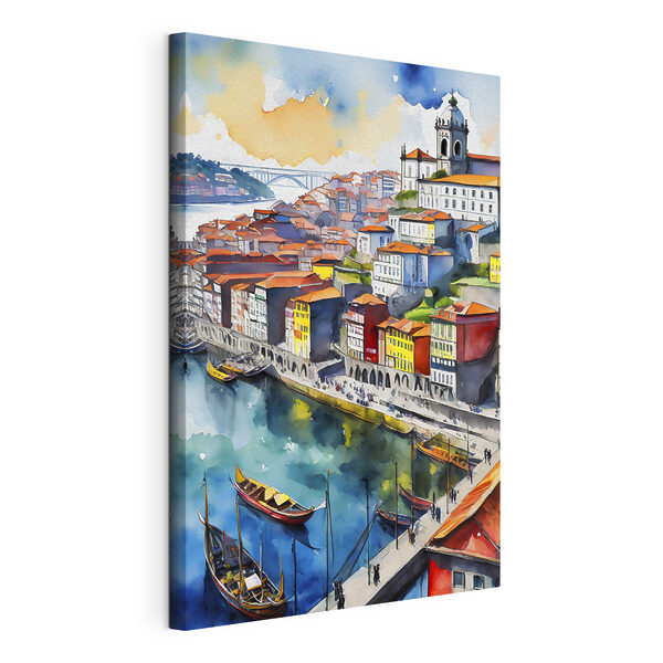 Wandbilder Aquarell einer Stadt mit Booten und einer Brücke