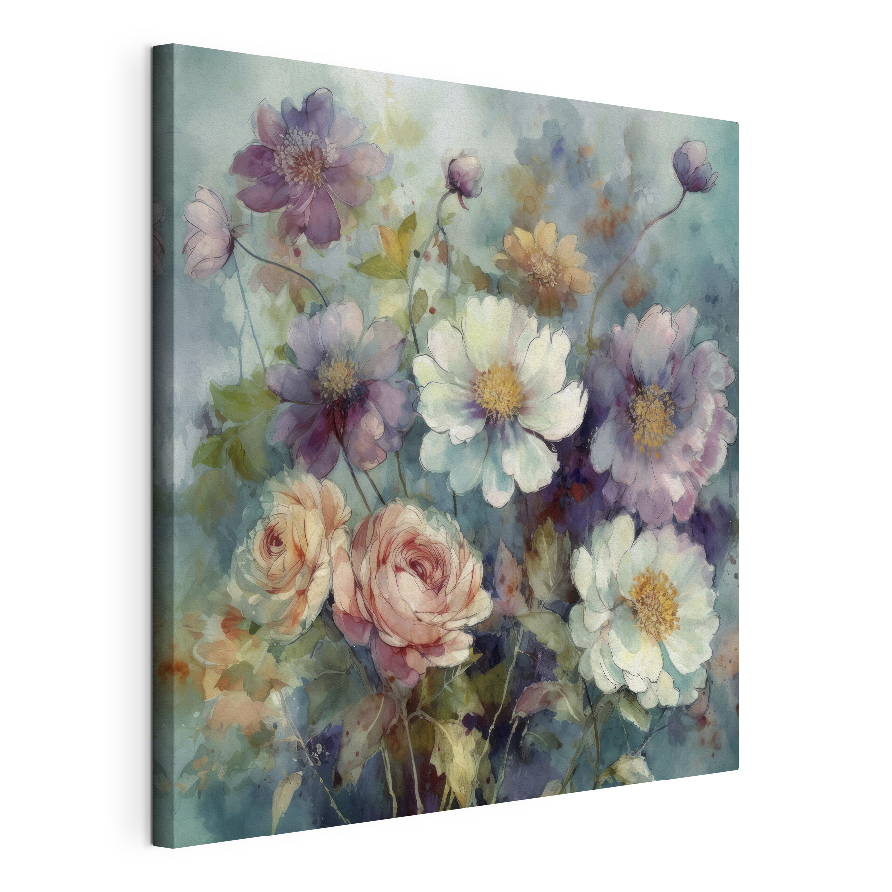 A painting of flowers on a blue background A painting of flowers on a blue background