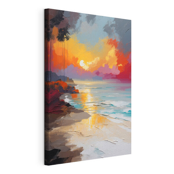 Wandbilder Ein Gemälde eines Strandes mit Palmen und einem Sonnenuntergang