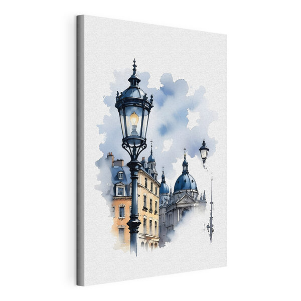 Wandbilder Eine Straßenlaterne mit blauen Kuppeln und Gebäuden im Hintergrund