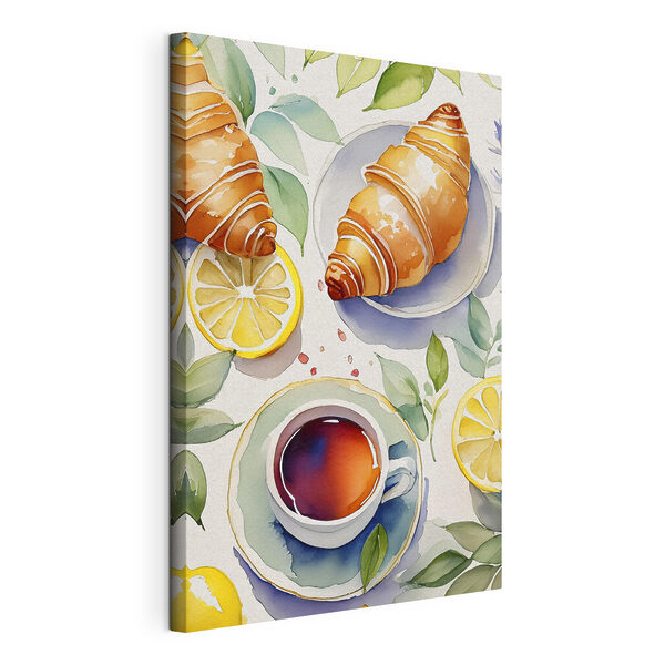 Wandbilder Aquarell eines Croissants und einer Tasse Tee