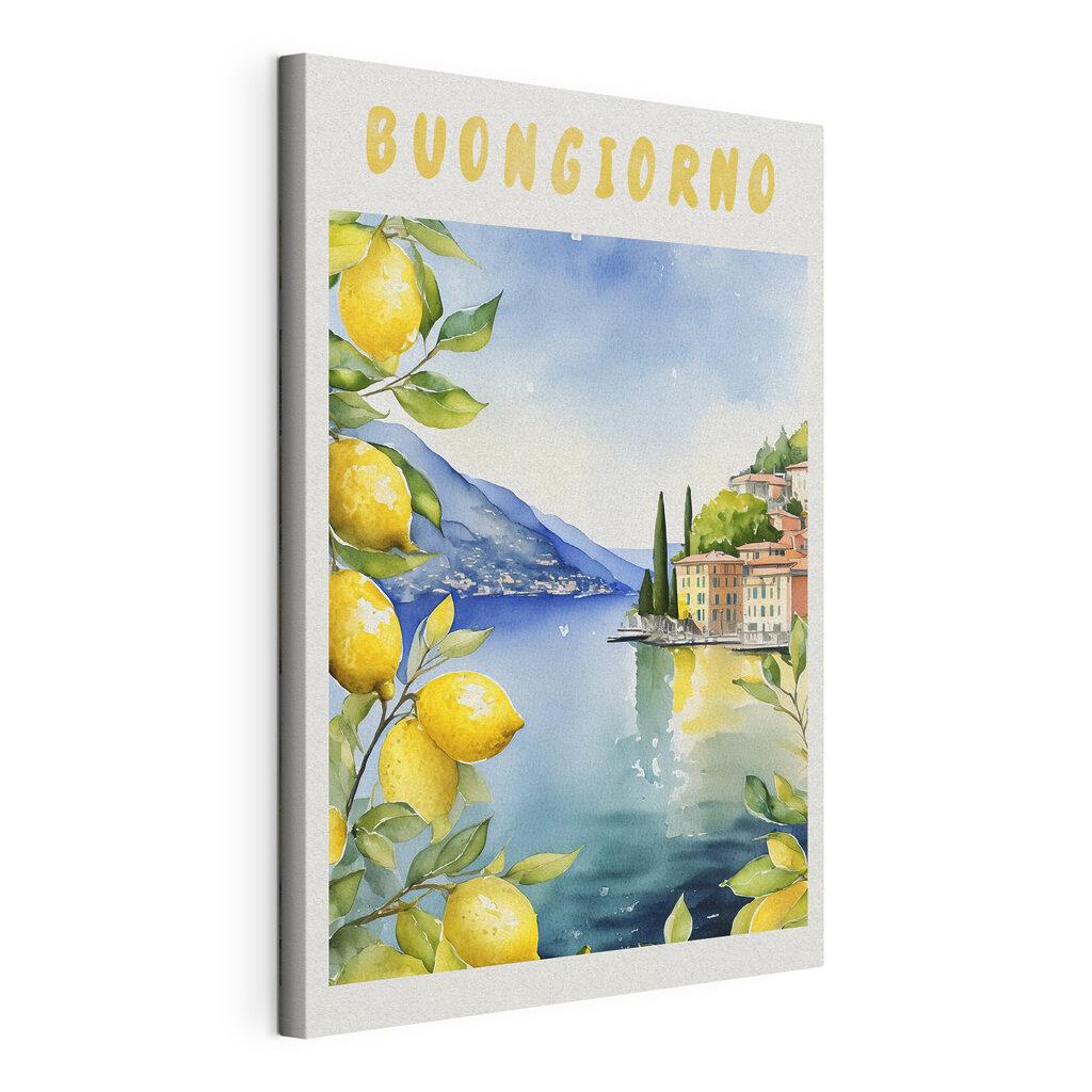 Watercolor painting of a city and a body of water Watercolor painting of a city and a body of water