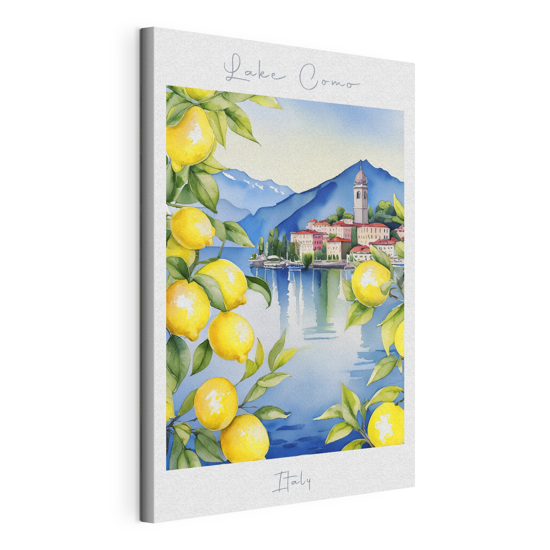 Watercolor painting of a city and mountains with yellow lemons