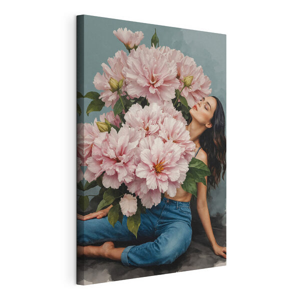 Eine auf dem Boden sitzende Frau mit einem großen Blumenstrauß Wandbilder Eine auf dem Boden sitzende Frau mit einem großen Blumenstrauß