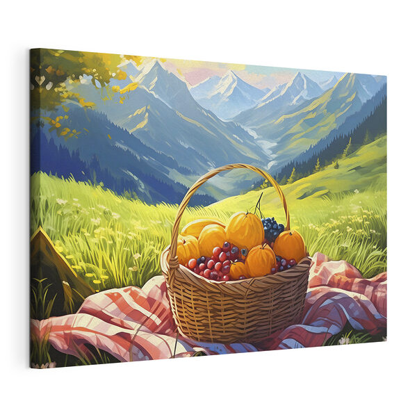 Ein Obstkorb auf einer Decke in einem grasbewachsenen Feld Wandbilder Ein Obstkorb auf einer Decke in einem grasbewachsenen Feld