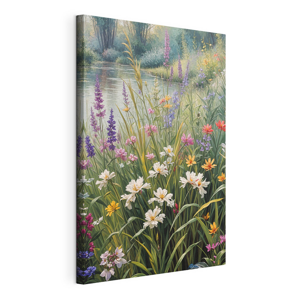 A painting of flowers by a river A painting of flowers by a river