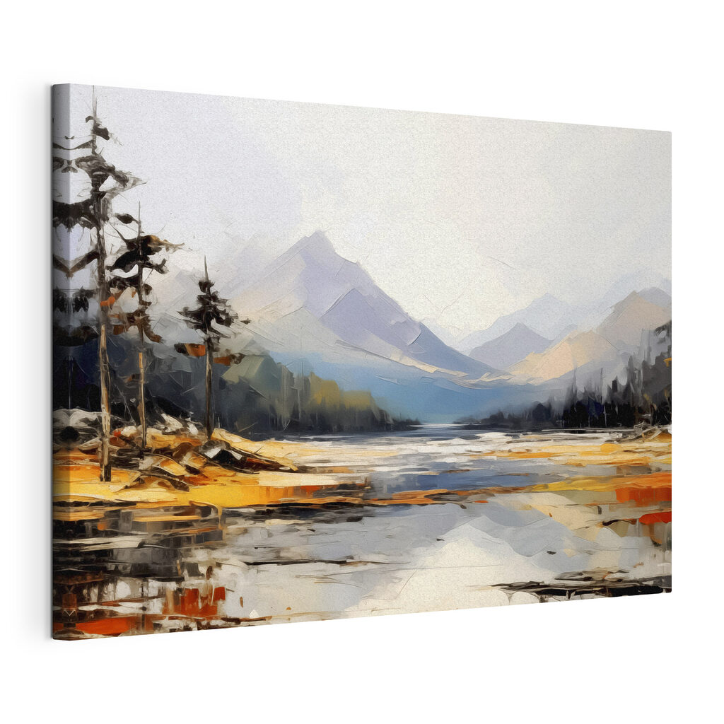 A lake with mountains in the background