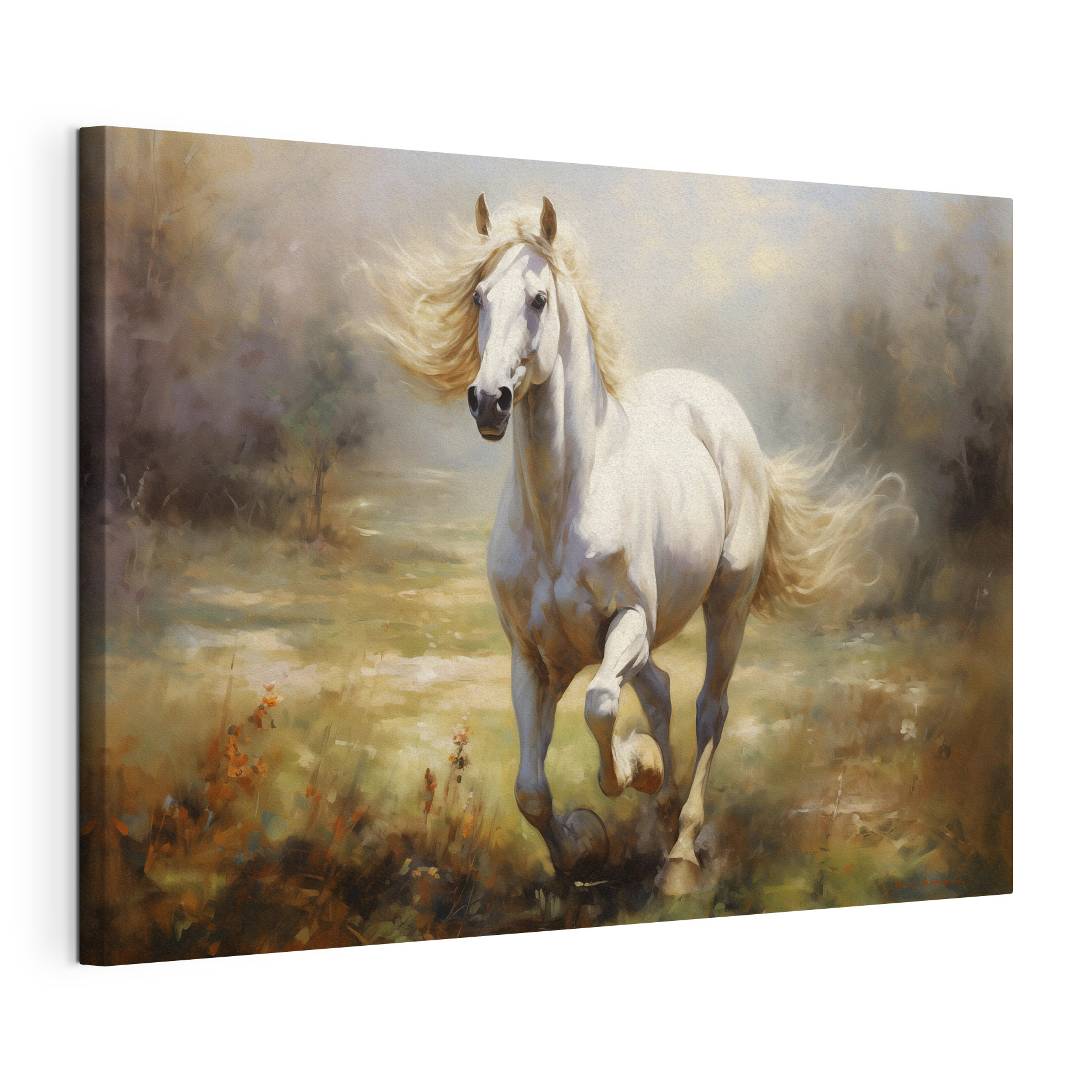 White horse running in a field