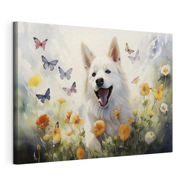 Weißer Hund mit Schmetterlingen in einem Blumenfeld Wandbilder Weißer Hund mit Schmetterlingen in einem Blumenfeld