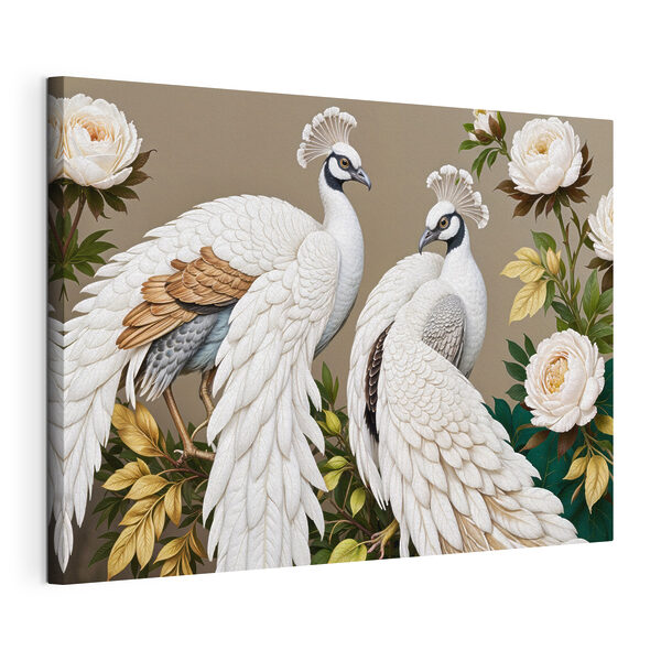 Wandbilder Paar weiße Pfaue auf einem Zweig mit Blumen