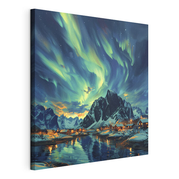 Wandbilder Landschaft mit einem See und Häusern im Schnee