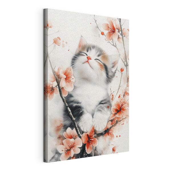 Katze sitzt auf einem Baum mit Blumen Wandbilder Katze sitzt auf einem Baum mit Blumen