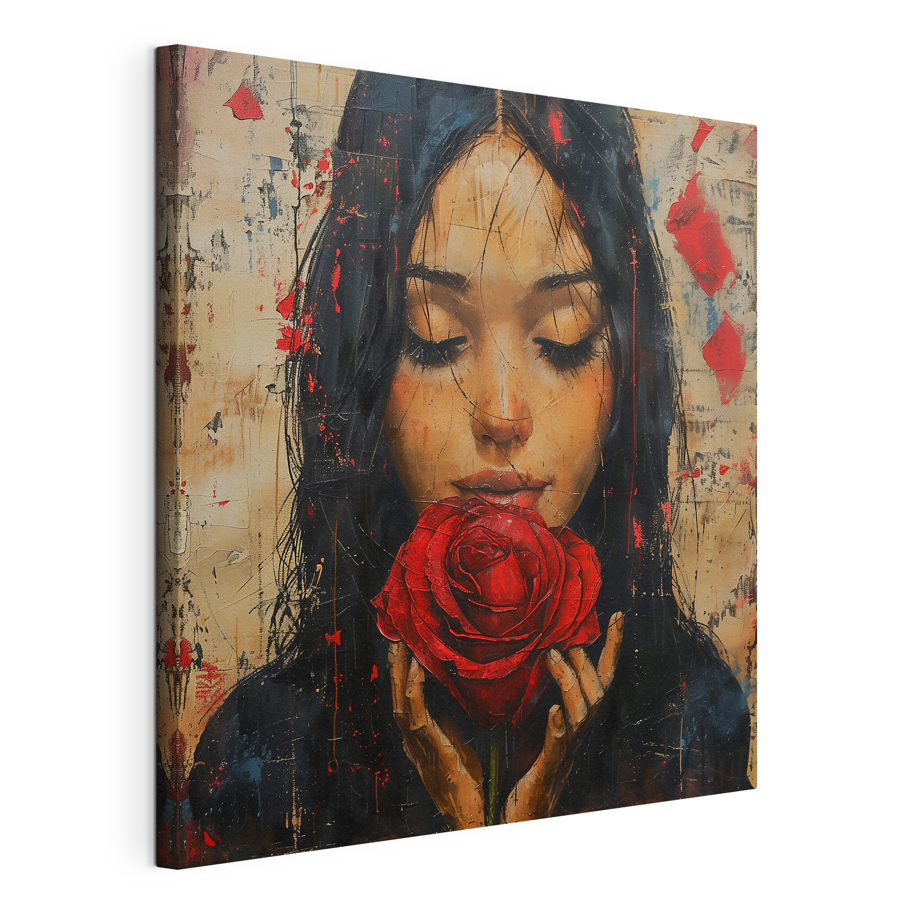 Painting of a woman holding a red rose