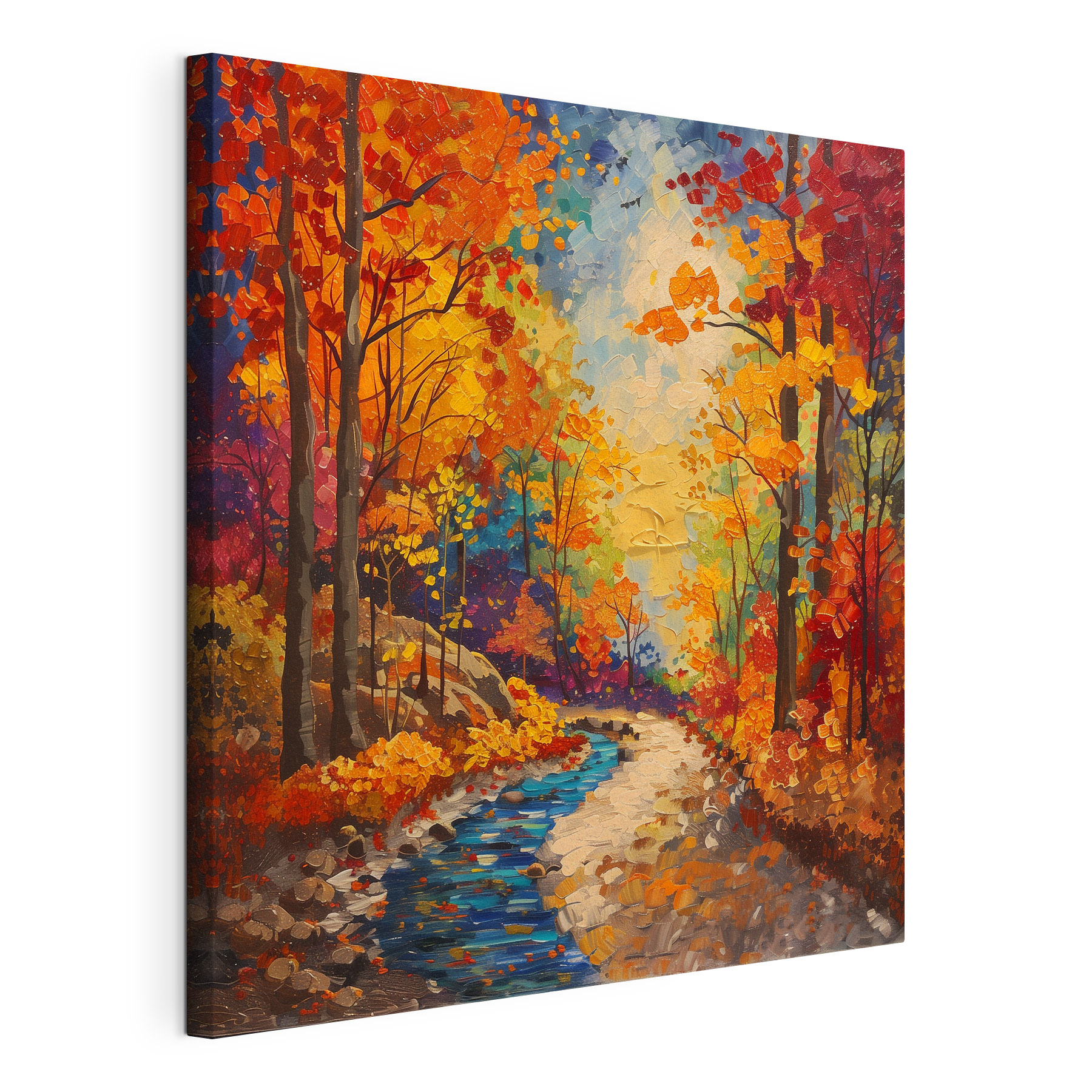 Painting of a river running through a forest
