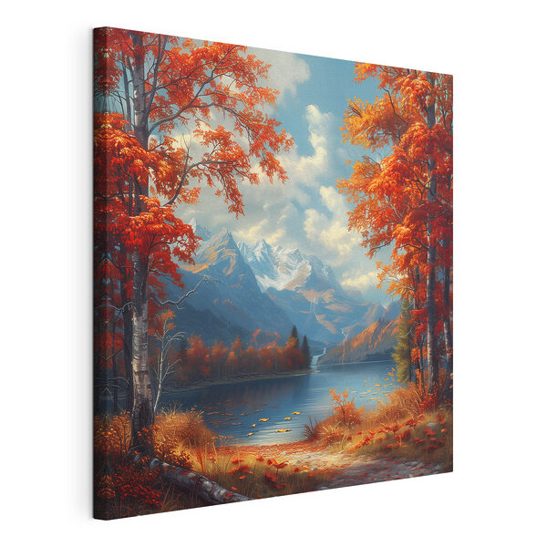 Lake with orange leaves and mountains in the background