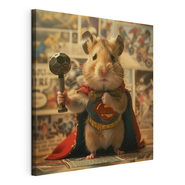 Wandbilder Hamster mit einem Umhang und einem Hammer in der Hand