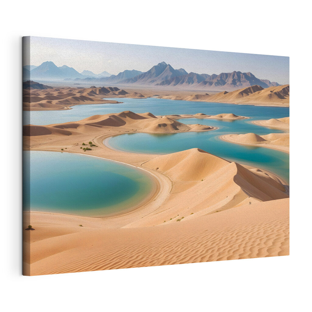Desert with water and mountains in the background Desert with water and mountains in the background