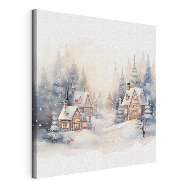 Wandbilder Aquarellmalerei von Häusern in einem verschneiten Wald