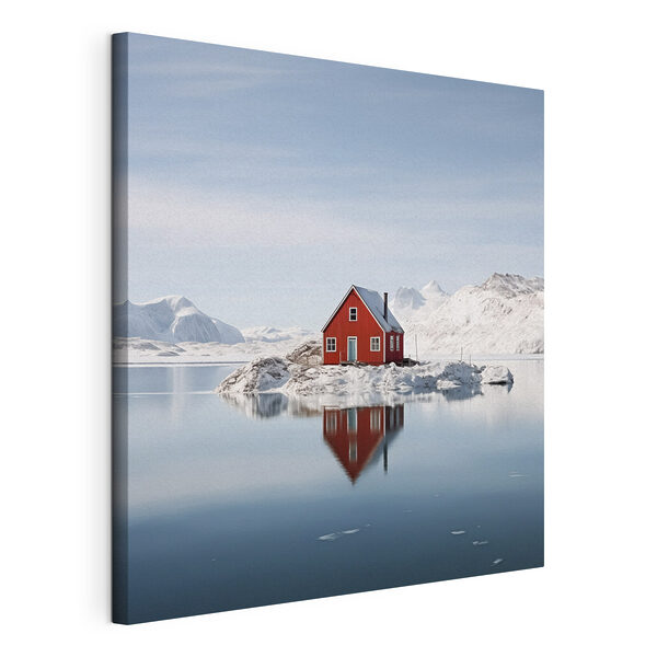 Wandbilder Wandbilder Rotes Haus auf einer Insel im Wasser mit schneebedeckten Bergen im Hintergrund (Artikelnummer: s41437)