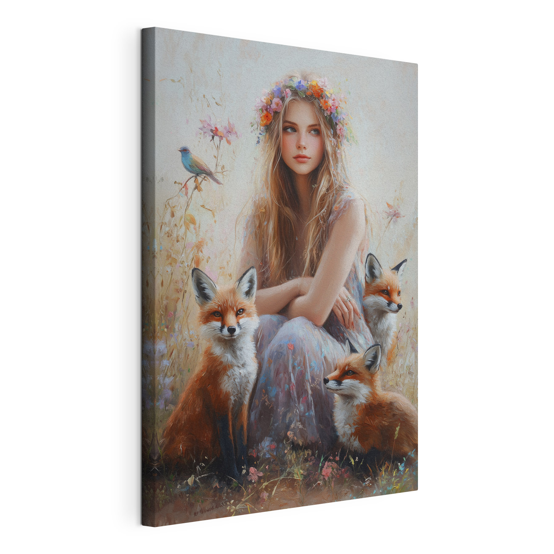 Painting of a woman with foxes