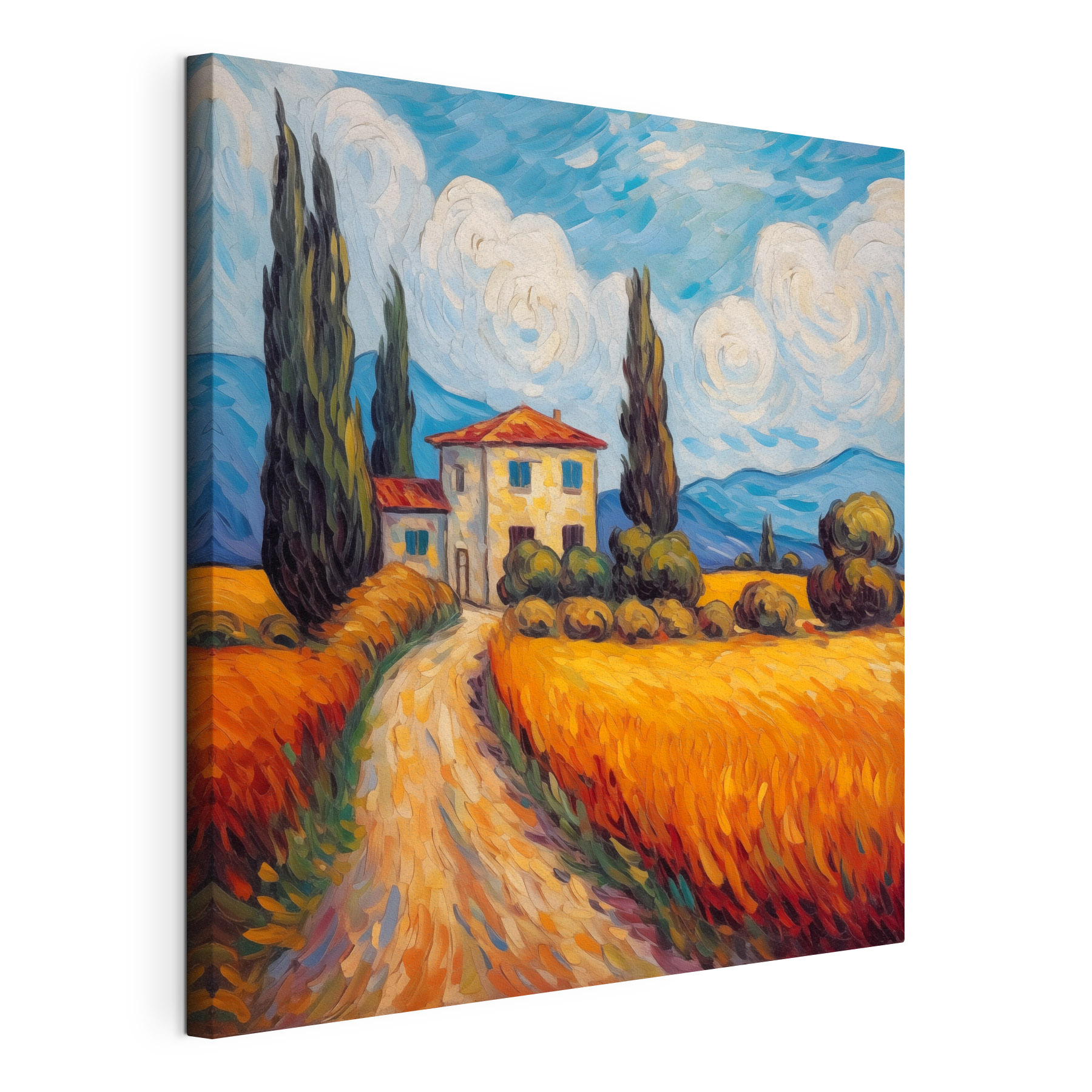 Painting of a house in a wheat field