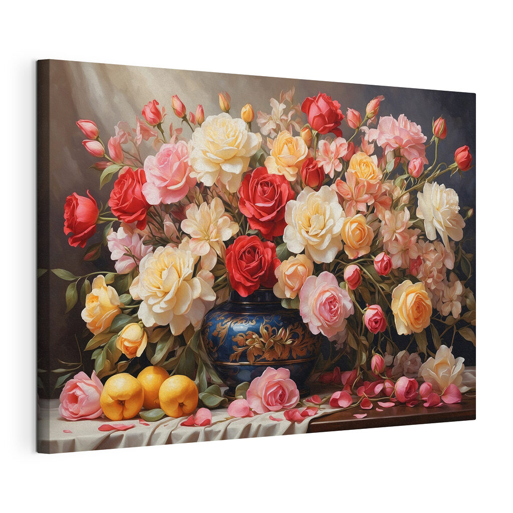 Vase of flowers and fruit
